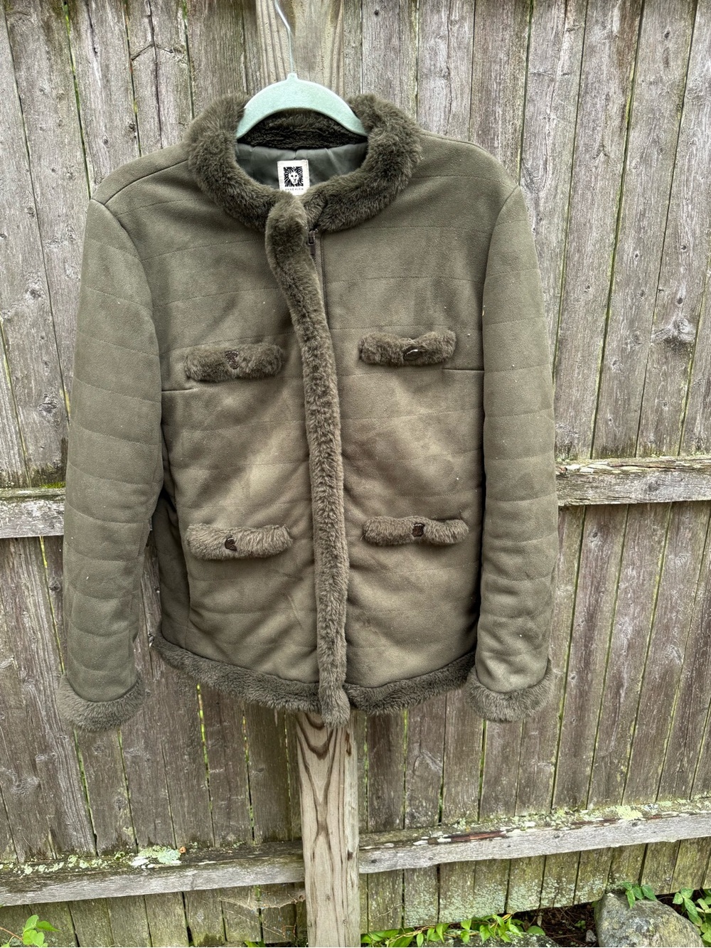 Anne Klein Olive Green Faux Fur Trim Puffer Jacket